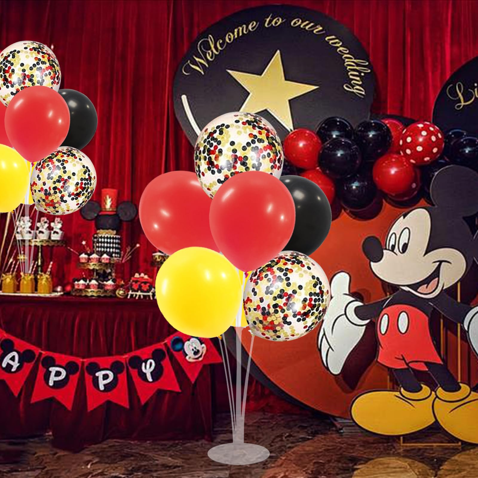 ZJDHPTY Red Yellow and Black Balloon Stand Centerpiece – 4-Set Table Decorations for Mouse Birthday Movie Night (Red Yellow Black Set4)