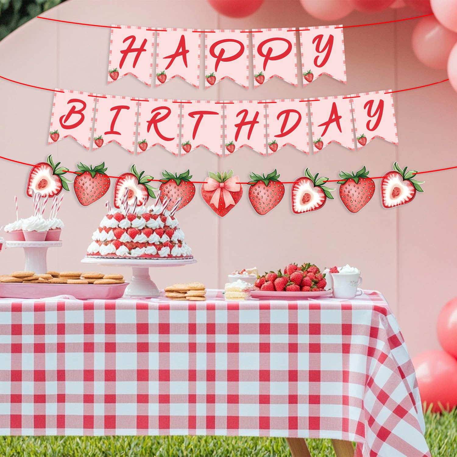 ZJRUI Strawberry Hanging Banner Decorations – Red Berry Birthday Backdrop for Baby Shower & 1st Birthday