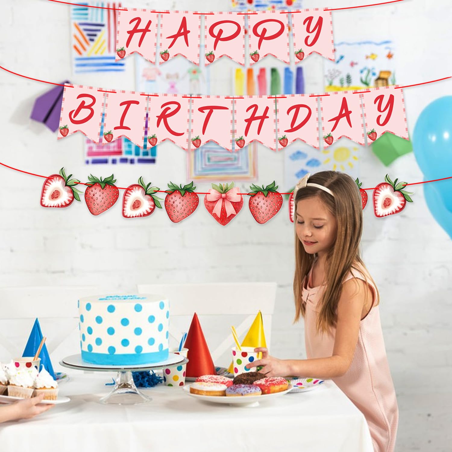 ZJRUI Strawberry Hanging Banner Decorations – Red Berry Birthday Backdrop for Baby Shower & 1st Birthday