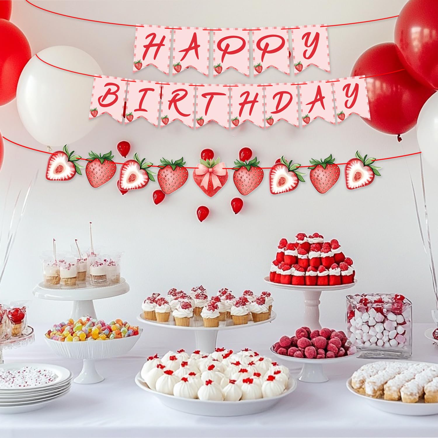 ZJRUI Strawberry Hanging Banner Decorations – Red Berry Birthday Backdrop for Baby Shower & 1st Birthday