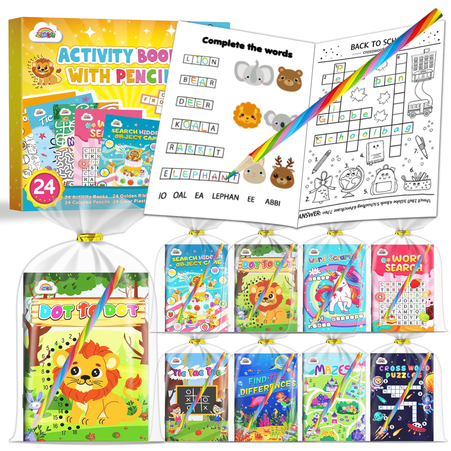 ZMLM 24er-Pack Beschäftigungsbücher mit Buntstiften – Klassenzimmerpreise & Mitgebsel für Kinder von 4–12 Jahren