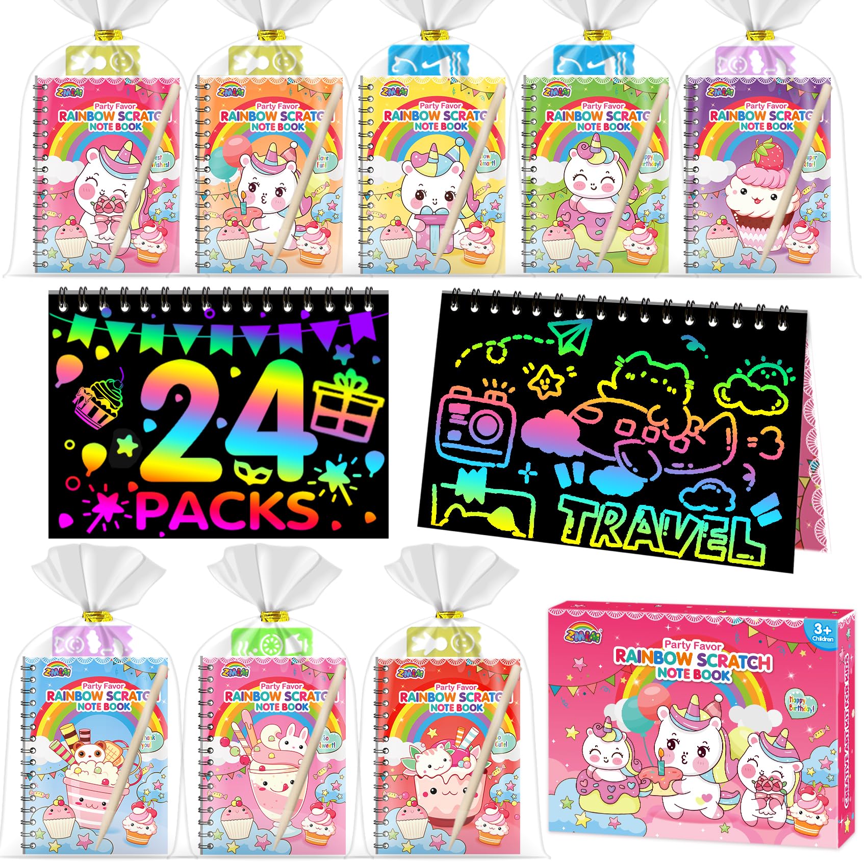 ZMLM 24-Pack Scratch Rainbow Art Notebooks — Valentines Day Classroom Gifts & Party Favors