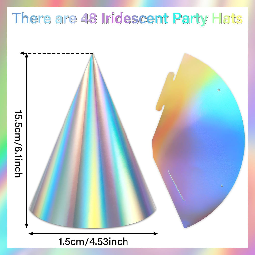 ZOIIWA 48-Piece Iridescent Rainbow Cone Hats with Elastic Strings | Birthday Party Hats