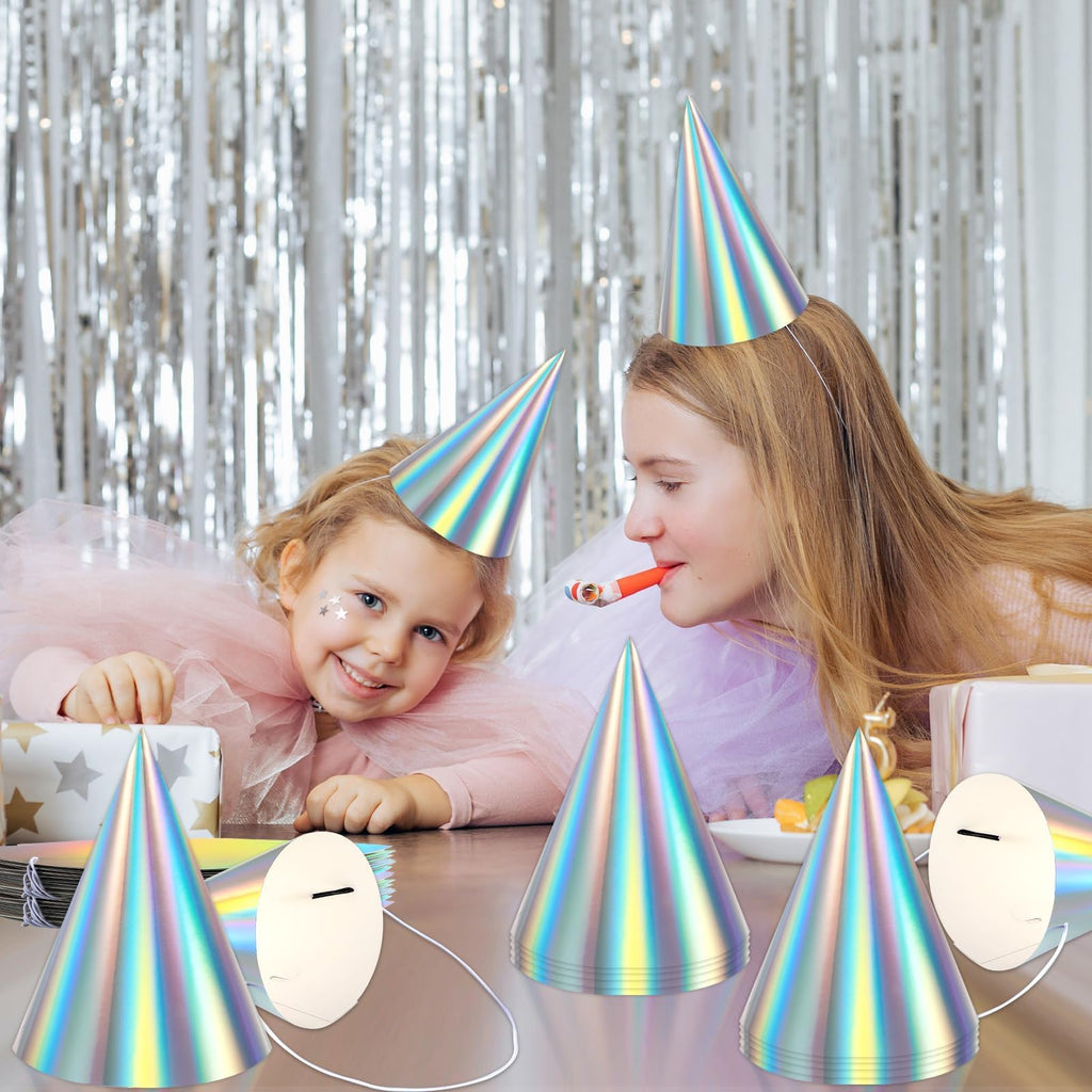 ZOIIWA 48-Piece Iridescent Rainbow Cone Hats with Elastic Strings | Birthday Party Hats