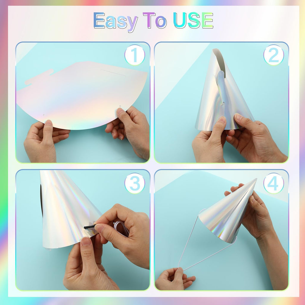 ZOIIWA 48-Piece Iridescent Rainbow Cone Hats with Elastic Strings | Birthday Party Hats