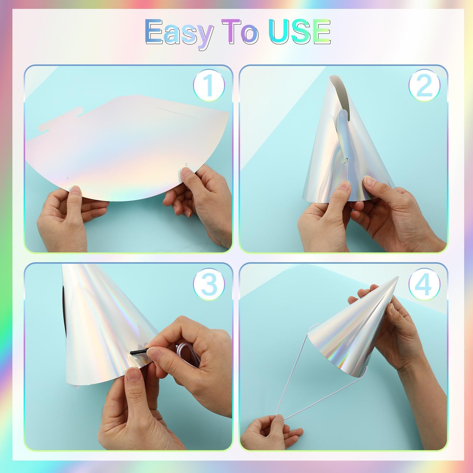 ZOIIWA 48-Piece Iridescent Rainbow Cone Hats with Elastic Strings | Birthday Party Hats