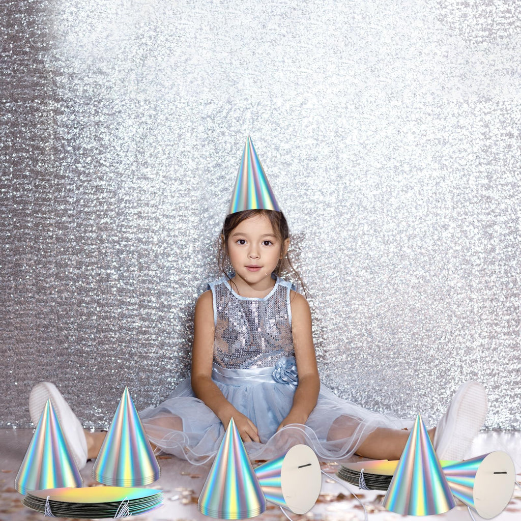 ZOIIWA 48-Piece Iridescent Rainbow Cone Hats with Elastic Strings | Birthday Party Hats