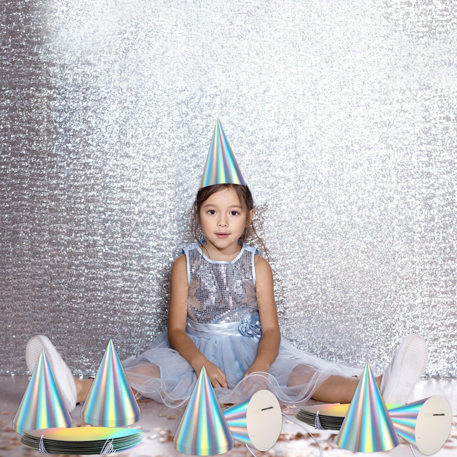 ZOIIWA 48-Piece Iridescent Rainbow Cone Hats with Elastic Strings | Birthday Party Hats