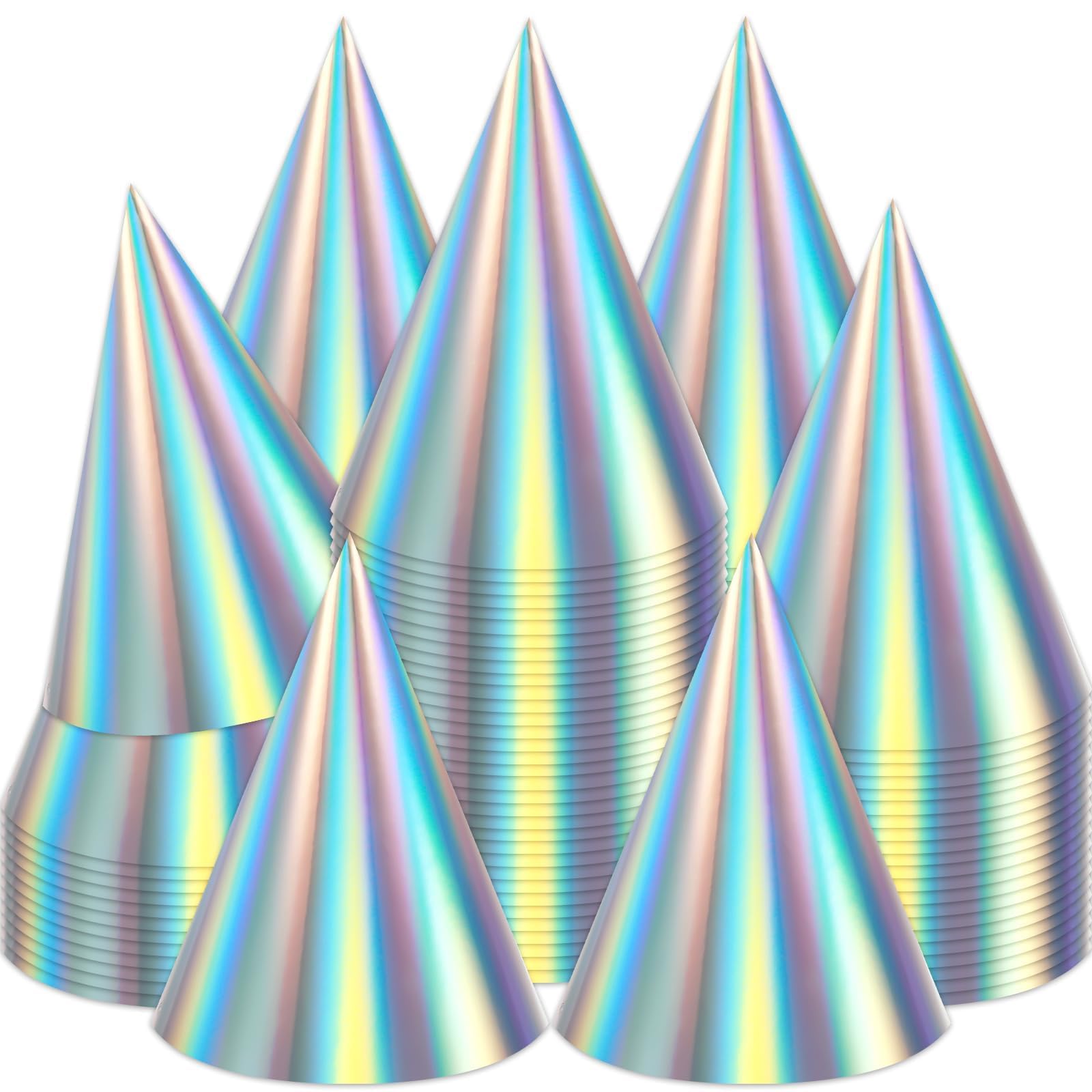ZOIIWA 48-Piece Iridescent Rainbow Cone Hats with Elastic Strings | Birthday Party Hats