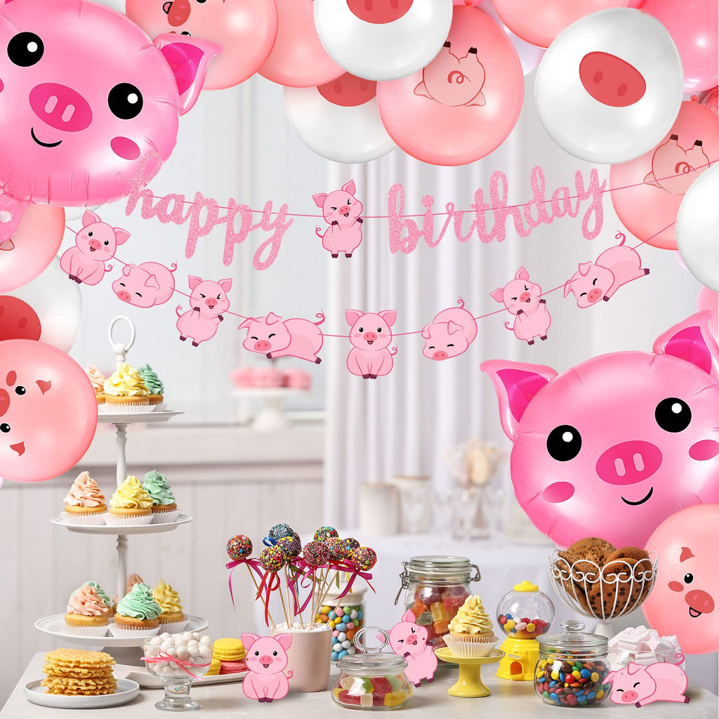Zomiboo 34 Pcs Pig Birthday Party Decorations – Pink Banner, Balloons & Farm Theme Party Supplies
