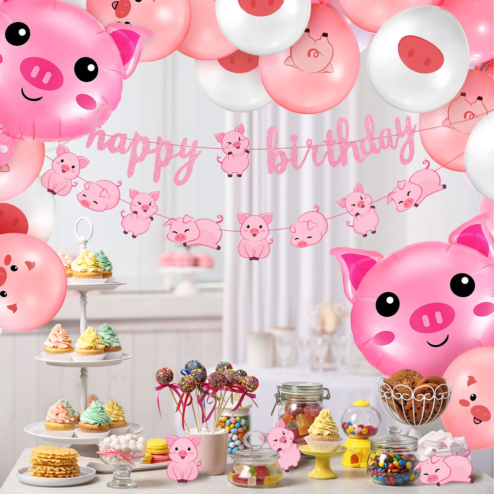 Zomiboo 34 Pcs Pig Birthday Party Decorations – Pink Banner, Balloons & Farm Theme Party Supplies