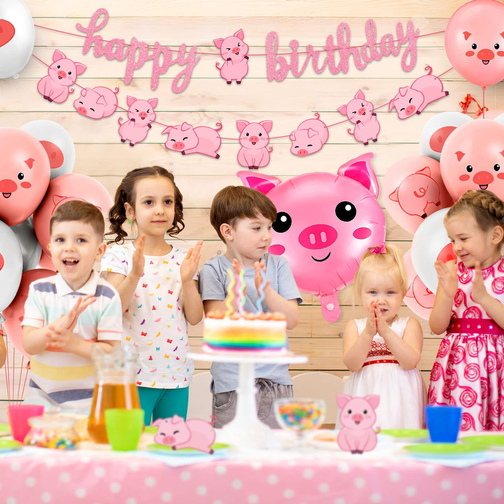Zomiboo 34 Pcs Pig Birthday Party Decorations – Pink Banner, Balloons & Farm Theme Party Supplies