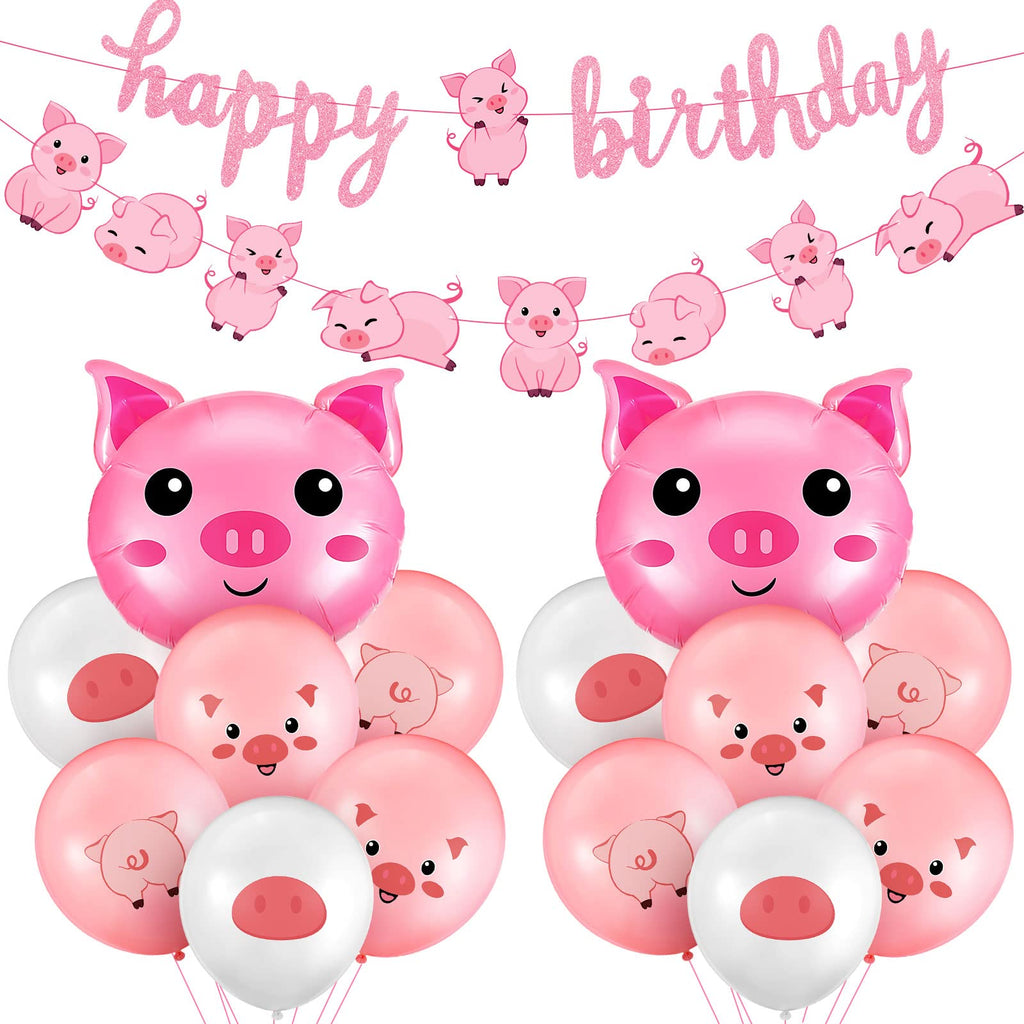 Zomiboo 34 Pcs Pig Birthday Party Decorations – Pink Banner, Balloons & Farm Theme Party Supplies