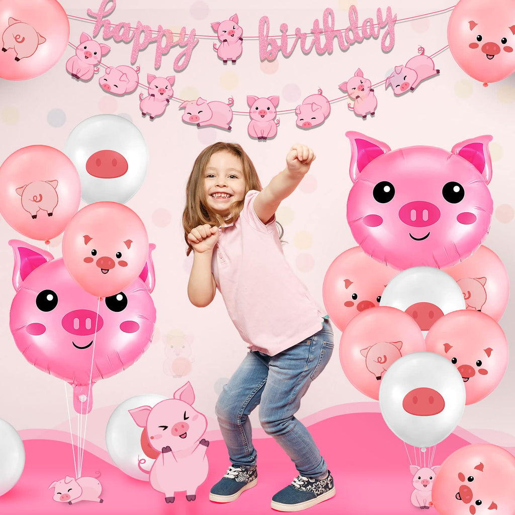 Zomiboo 34 Pcs Pig Birthday Party Decorations – Pink Banner, Balloons & Farm Theme Party Supplies