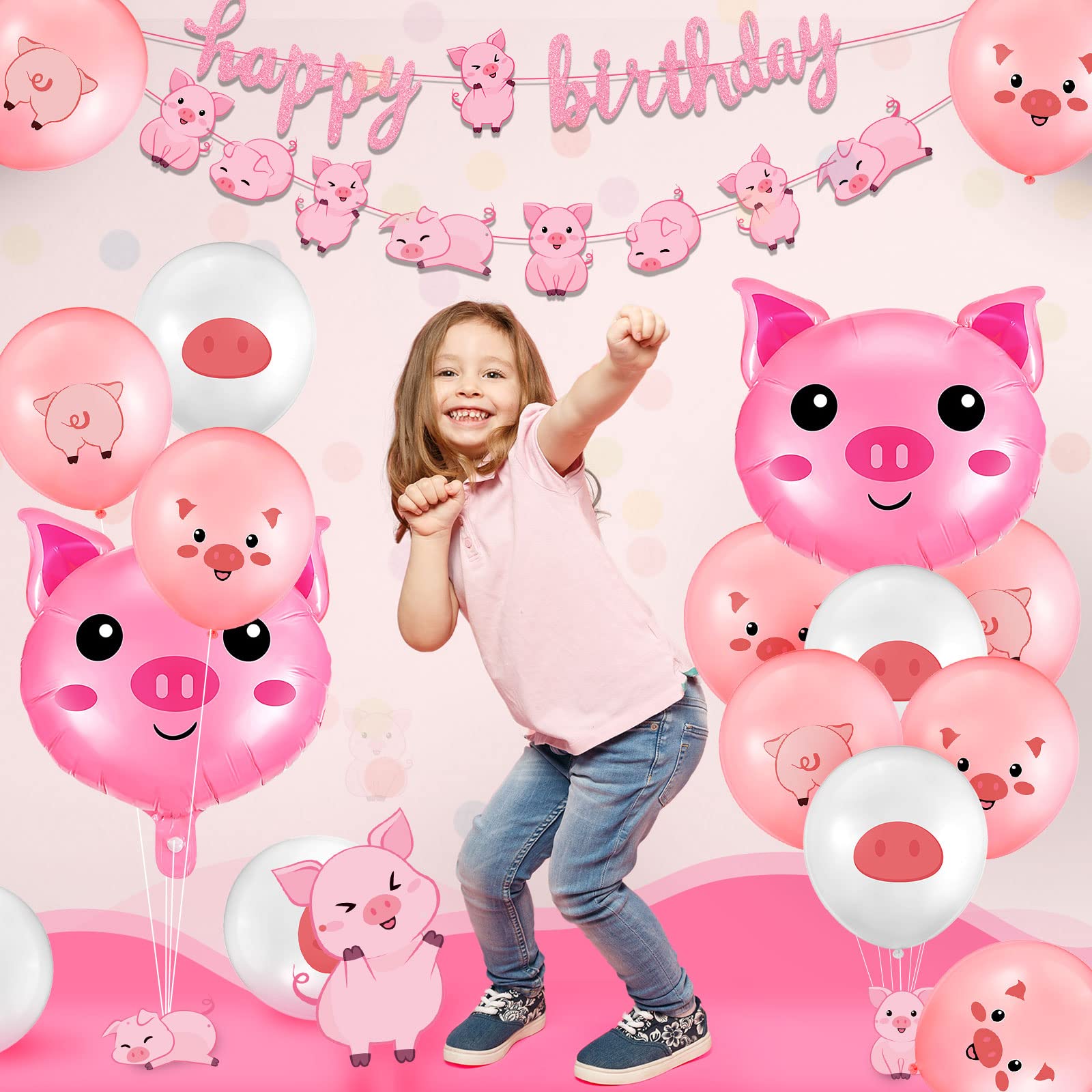 Zomiboo 34 Pcs Pig Birthday Party Decorations – Pink Banner, Balloons & Farm Theme Party Supplies