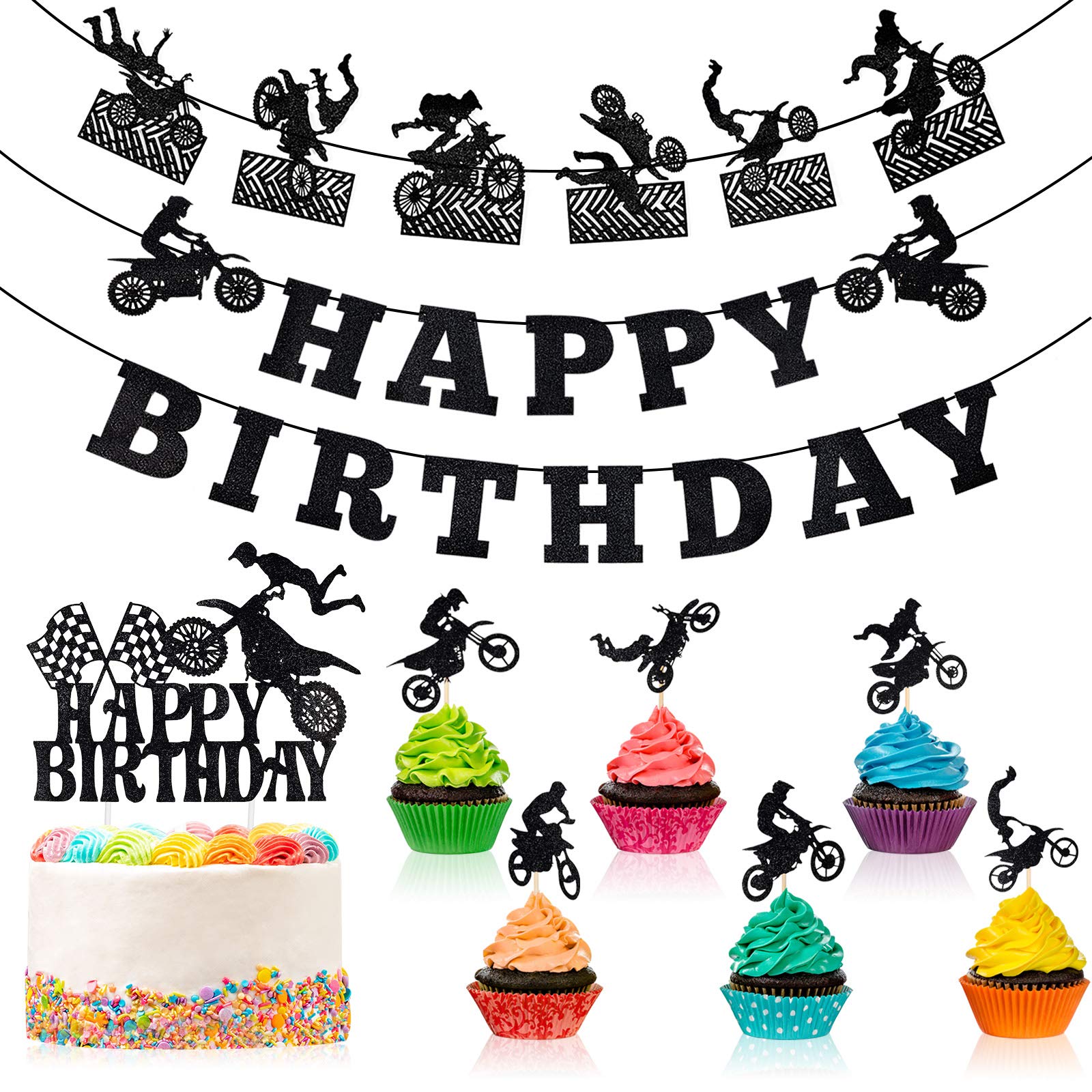 Zonon 20 Pieces Dirt Bike Birthday Decorations | Motocross Banner, Cake Topper & Cupcake Toppers – Classic Style