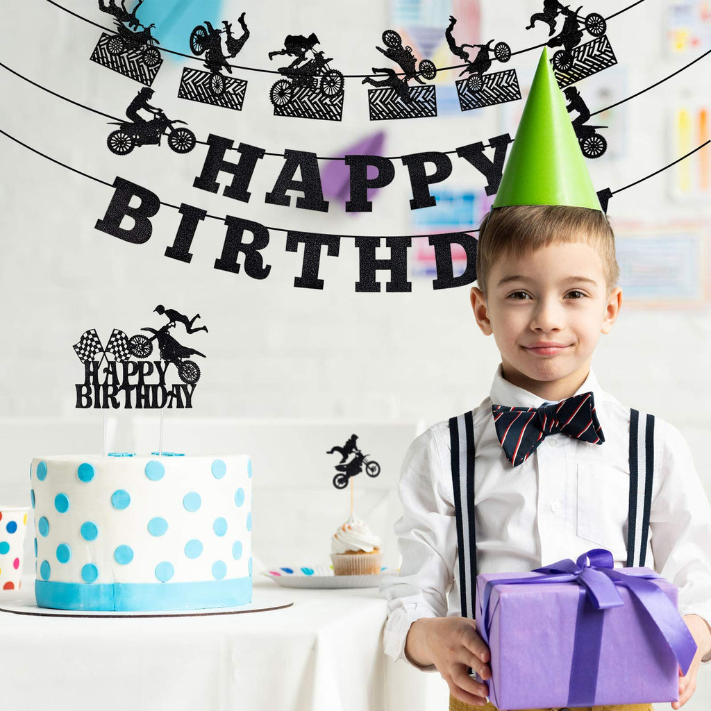 Zonon 20 Pieces Dirt Bike Birthday Decorations | Motocross Banner, Cake Topper & Cupcake Toppers – Classic Style