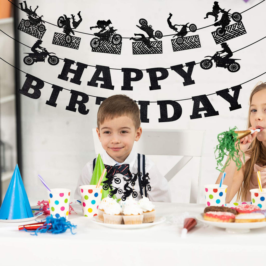 Zonon 20 Pieces Dirt Bike Birthday Decorations | Motocross Banner, Cake Topper & Cupcake Toppers – Classic Style
