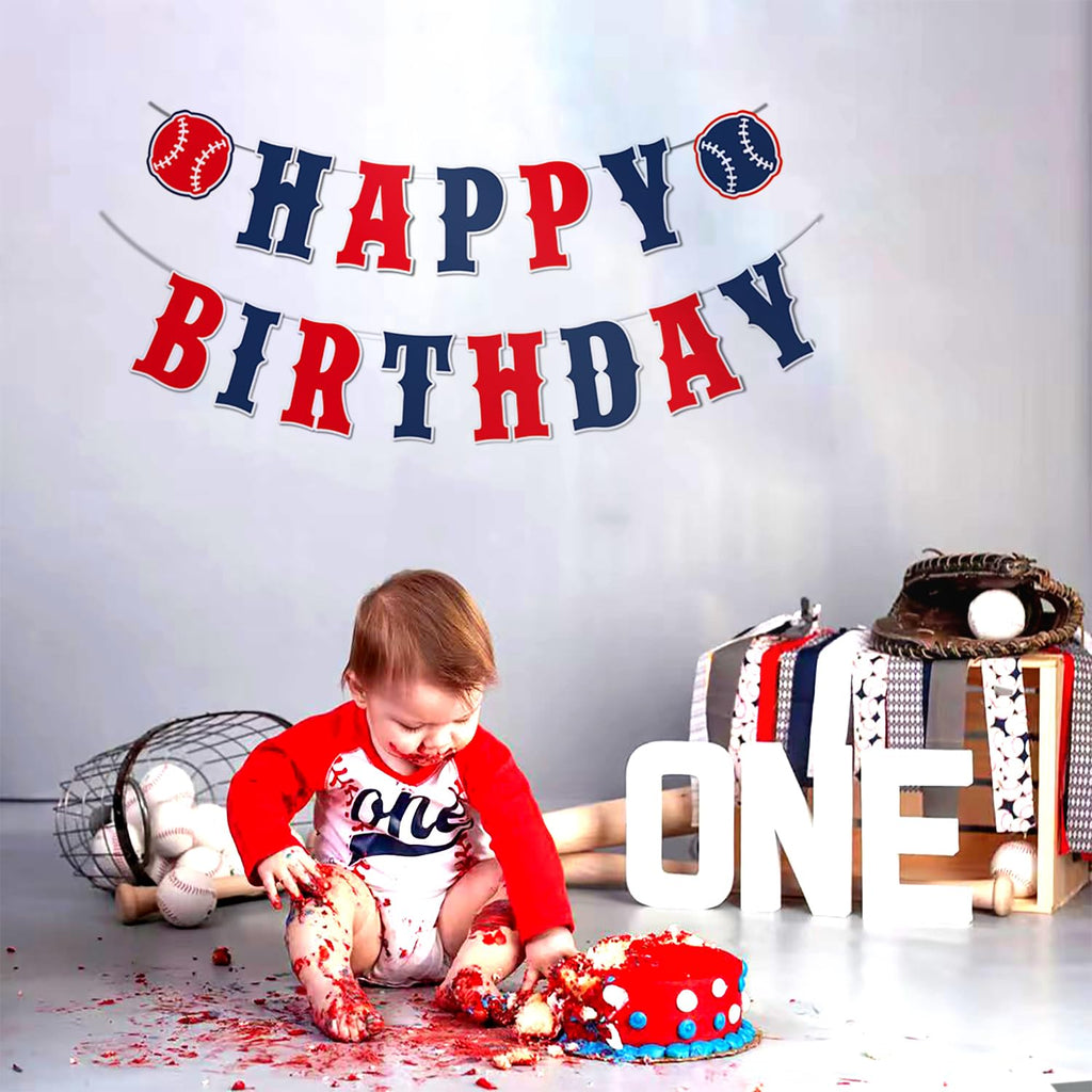 ZTZTST Happy Birthday Banner Baseball – Navy Blue, Red, White | Baseball Party Decor