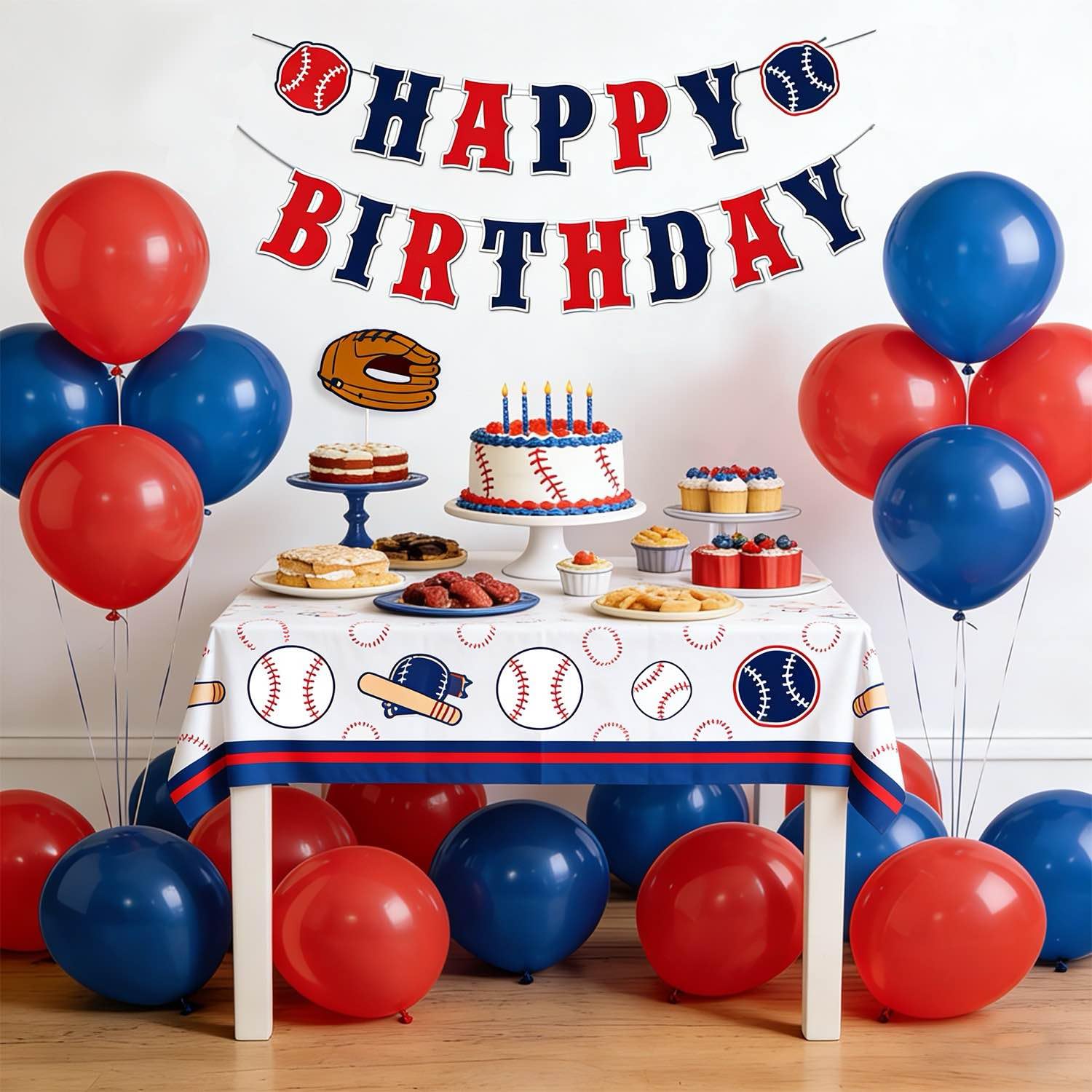 ZTZTST Happy Birthday Banner Baseball – Navy Blue, Red, White | Baseball Party Decor