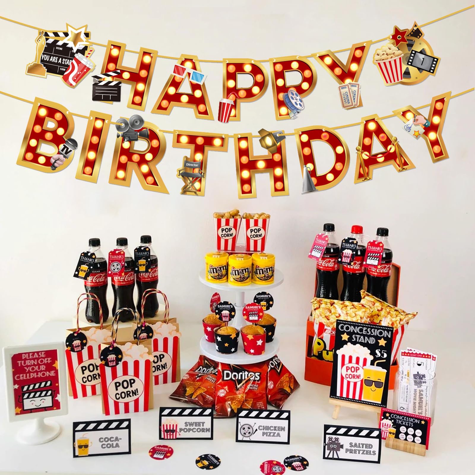 Zwiebeco Movie Night Birthday Banner – Hollywood Film Theme Party Decor