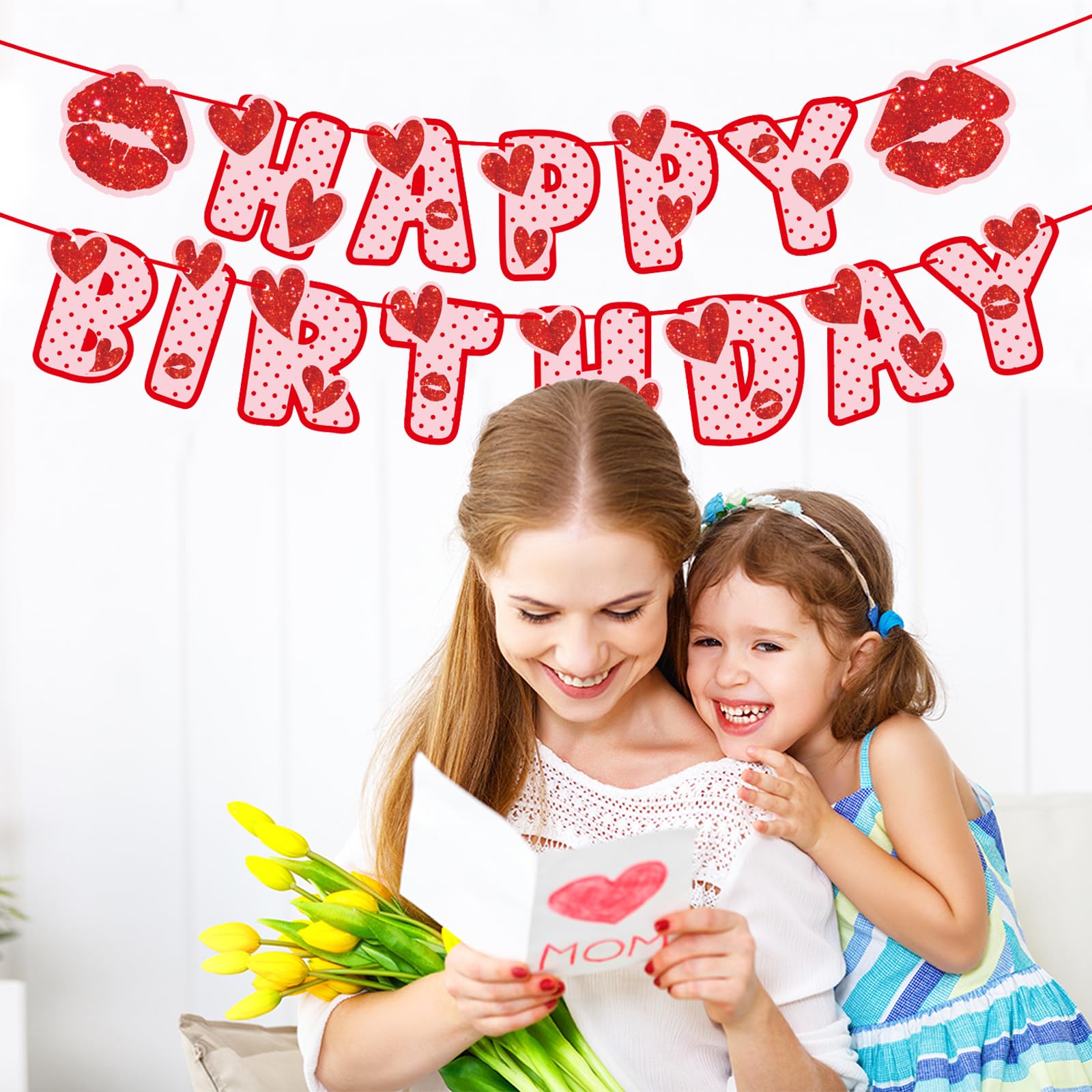 Zwiebeco Love Heart Happy Birthday Banner – Red & Pink Glitter Hanging Sign