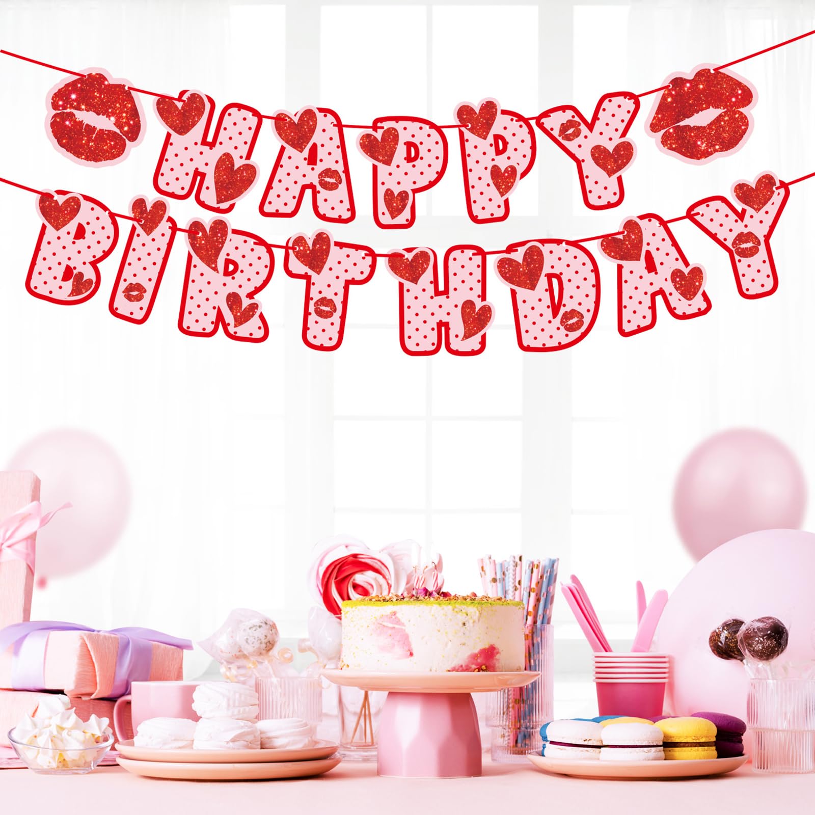 Zwiebeco Love Heart Happy Birthday Banner – Red & Pink Glitter Hanging Sign
