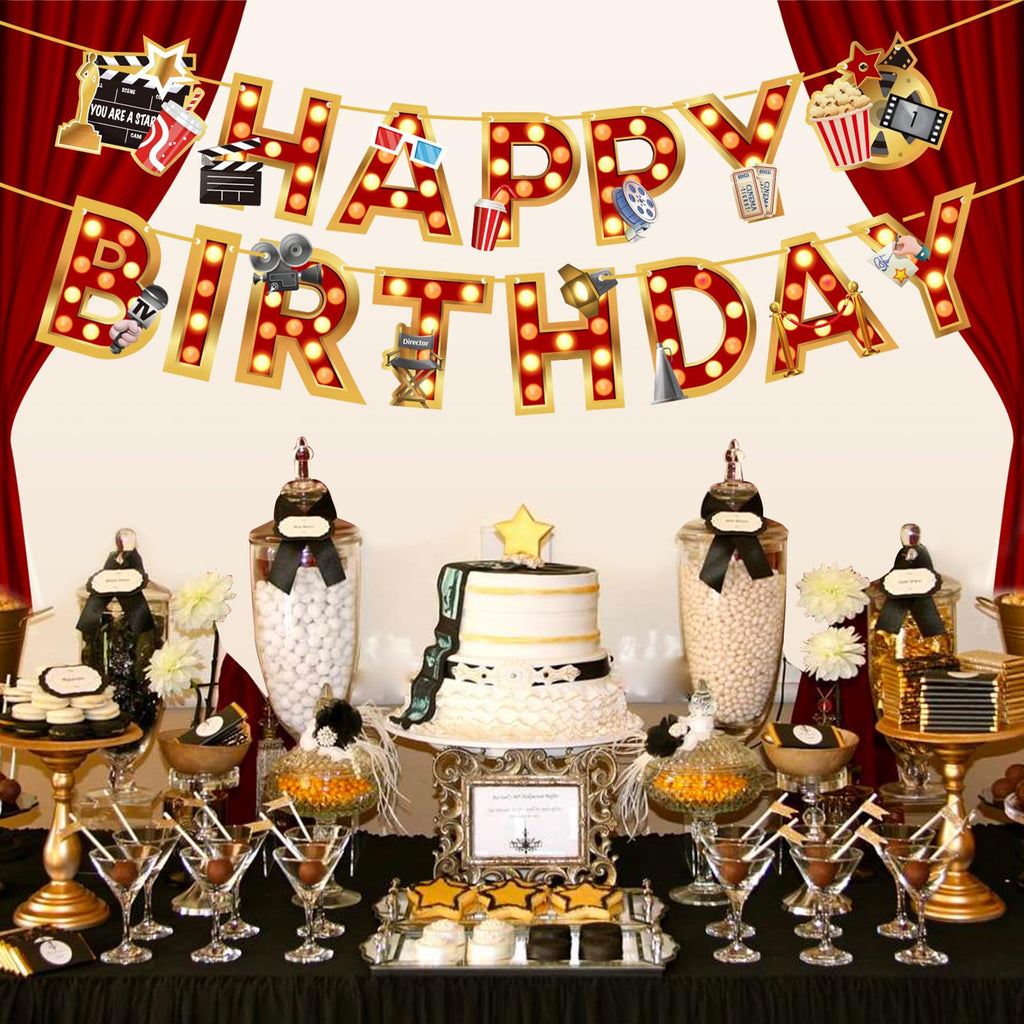 Zwiebeco Movie Night Birthday Banner – Hollywood Film Theme Party Decor