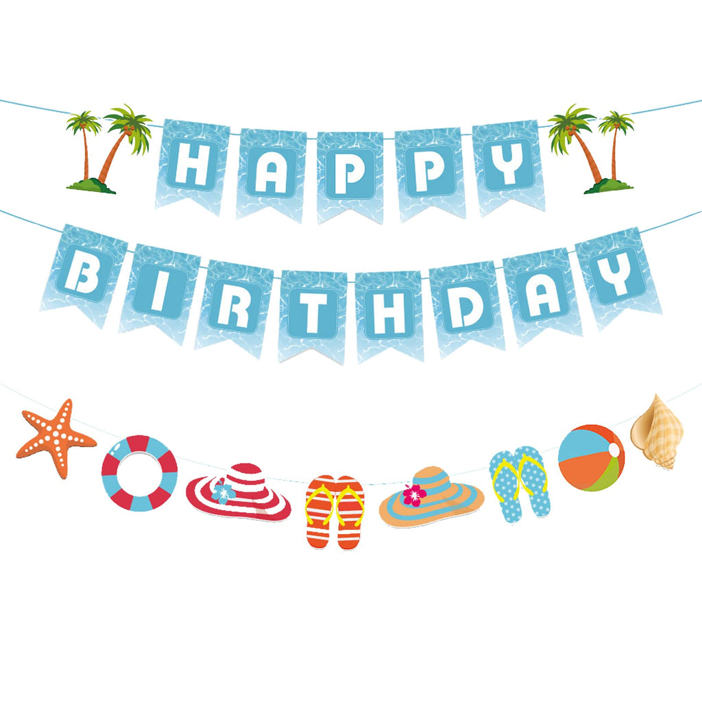 Zwiebeco Seaside Happy Birthday Banner – Blue & White Starfish Conch Hanging Paper Decor
