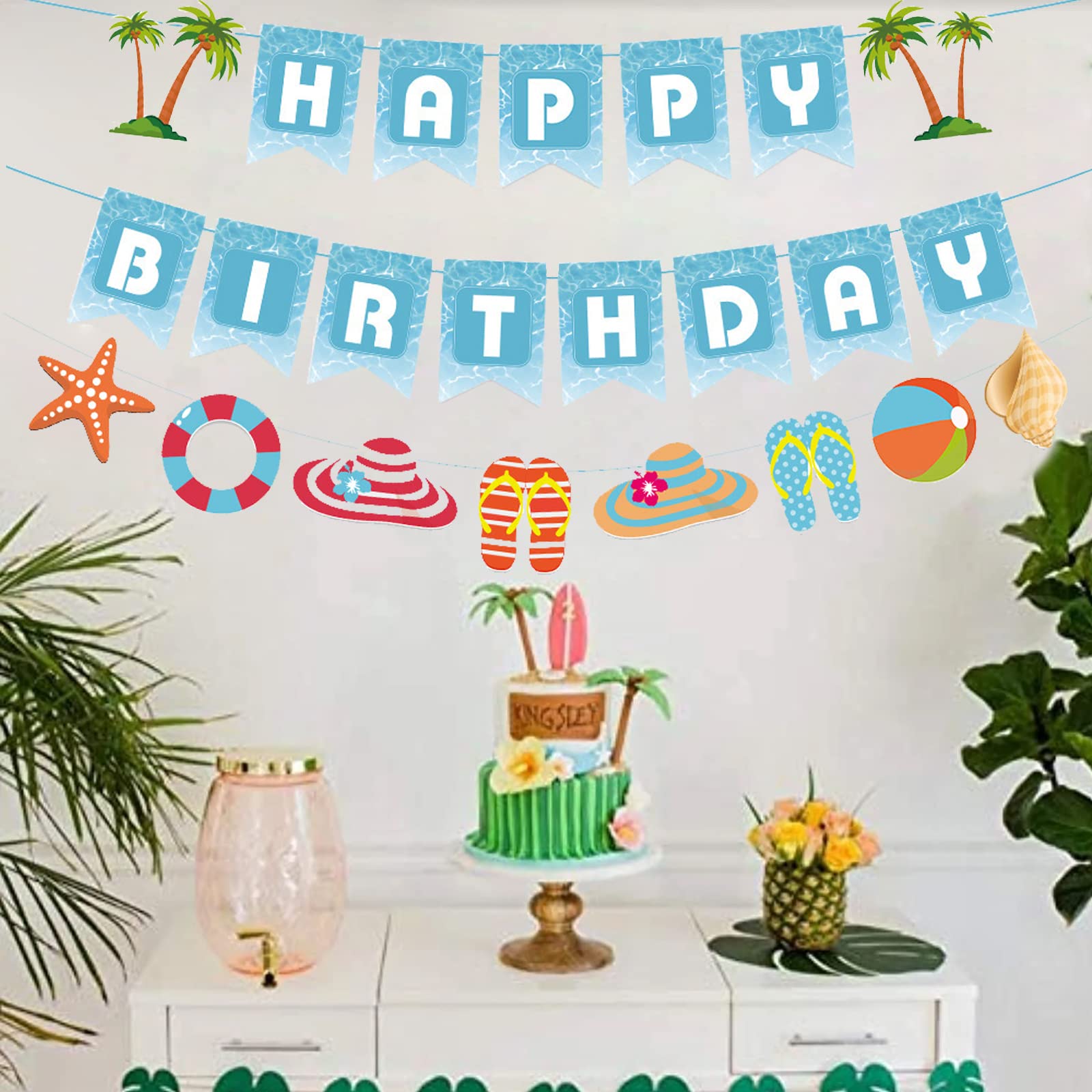 Zwiebeco Seaside Happy Birthday Banner – Blue & White Starfish Conch Hanging Paper Decor
