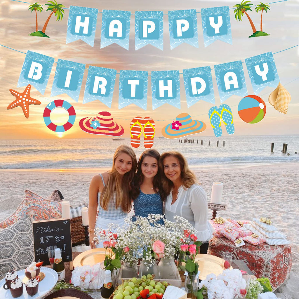 Zwiebeco Seaside Happy Birthday Banner – Blue & White Starfish Conch Hanging Paper Decor
