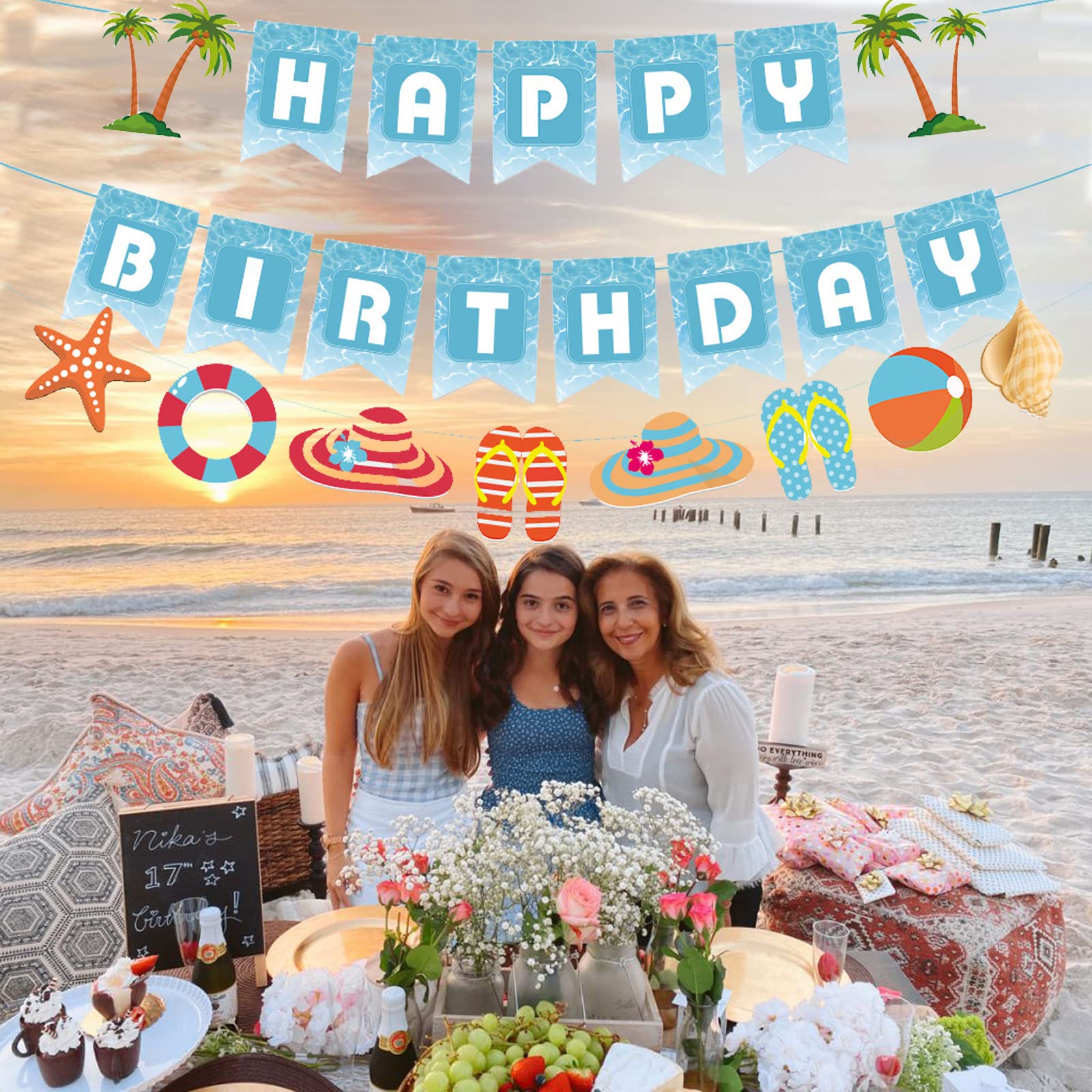 Zwiebeco Seaside Happy Birthday Banner – Blue & White Starfish Conch Hanging Paper Decor