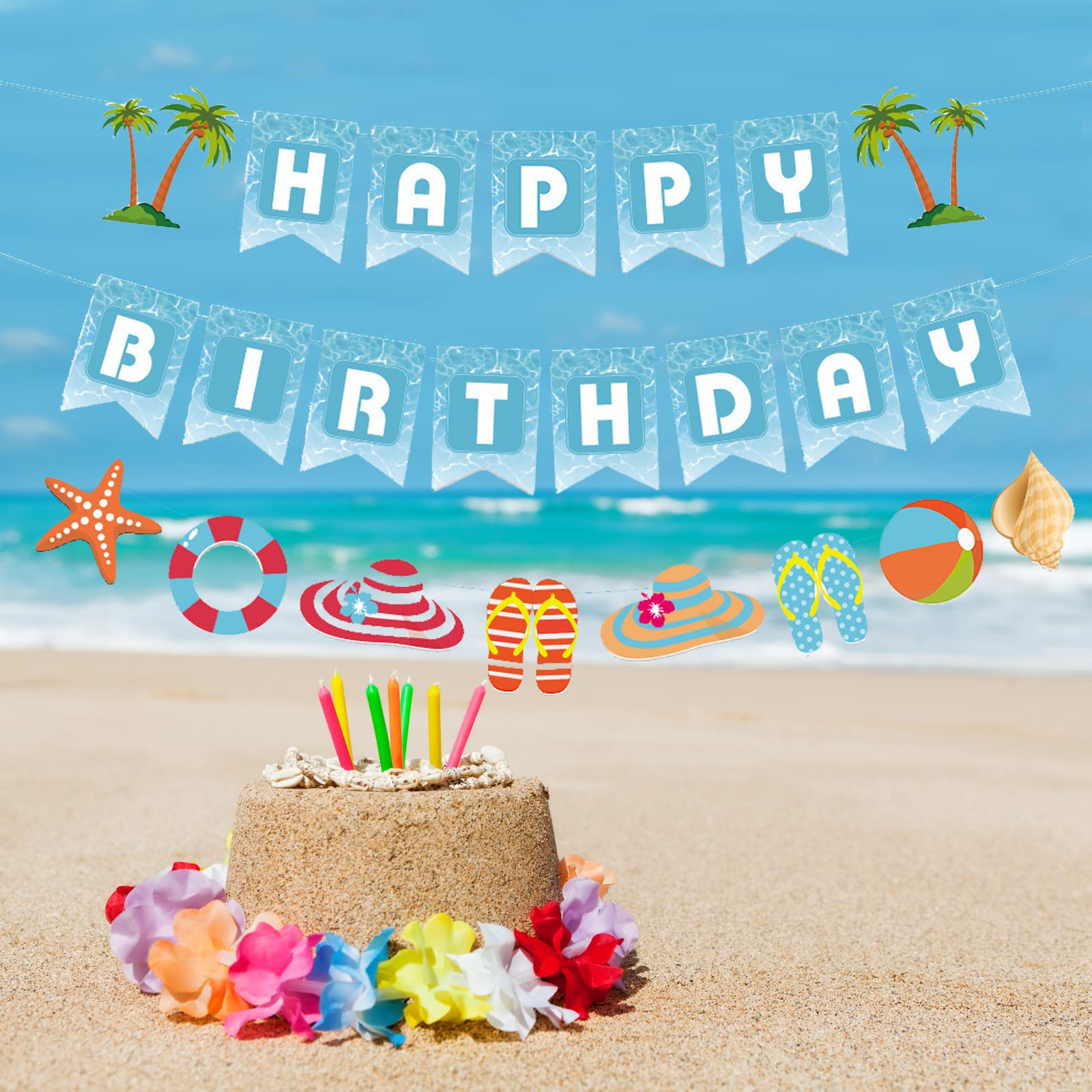 Zwiebeco Seaside Happy Birthday Banner – Blue & White Starfish Conch Hanging Paper Decor