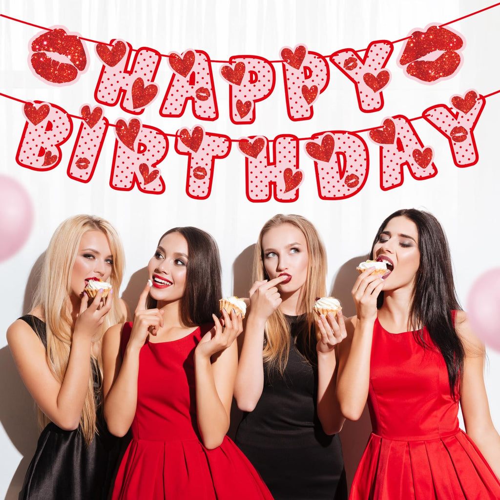 Zwiebeco Love Heart Happy Birthday Banner – Red & Pink Glitter Hanging Sign