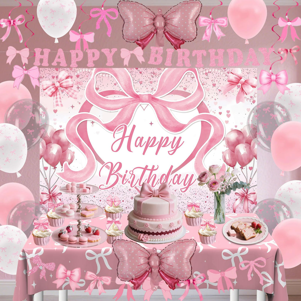 Zyikoch Pink Bow Birthday Decorations – Coquette Party Kit with Banner, Balloons & Tablecloth