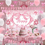 Zyikoch Pink Bow Birthday Decorations – Coquette Party Kit with Banner, Balloons & Tablecloth