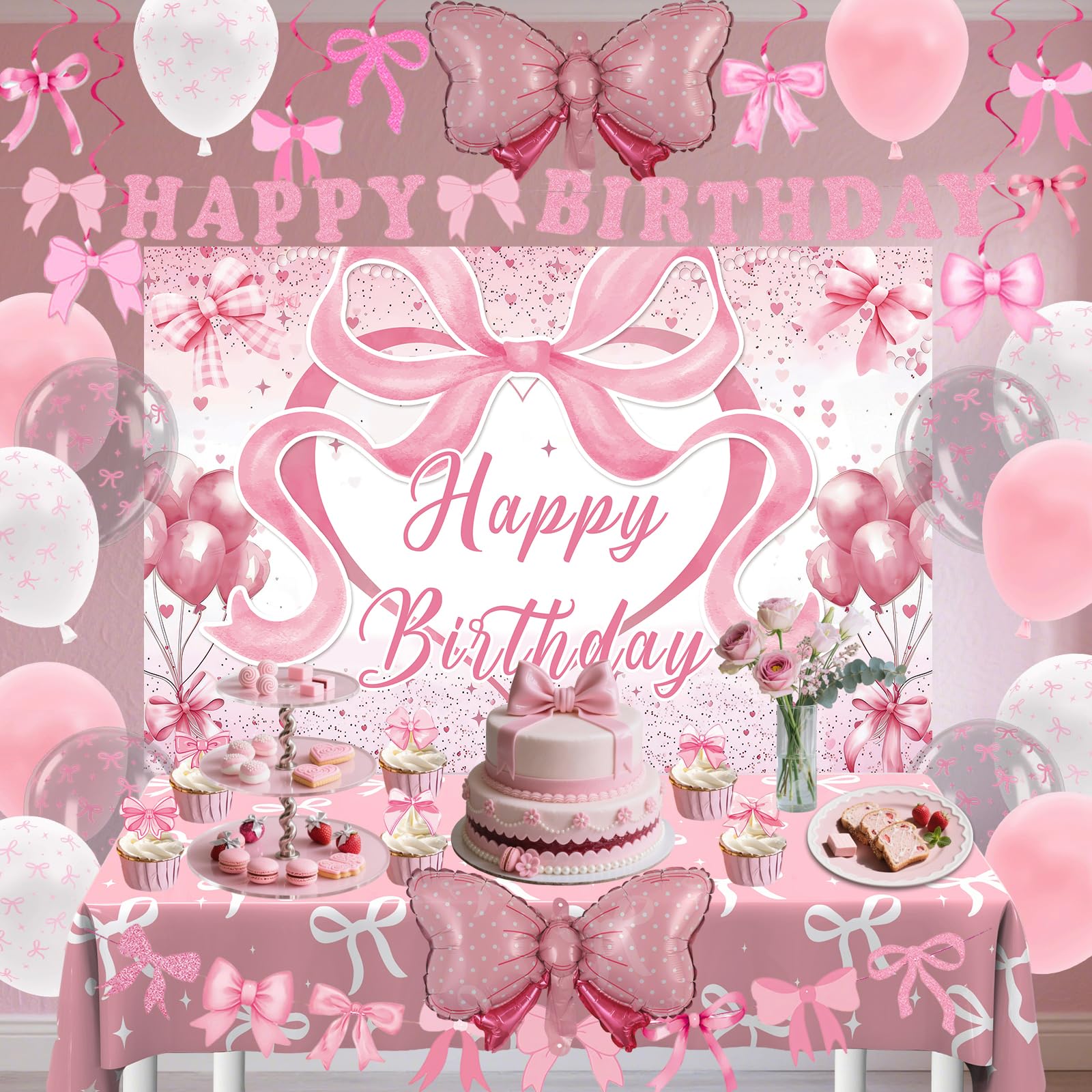 Zyikoch Pink Bow Birthday Decorations – Coquette Party Kit with Banner, Balloons & Tablecloth