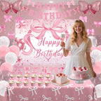 Zyikoch Pink Bow Birthday Decorations – Coquette Party Kit with Banner, Balloons & Tablecloth