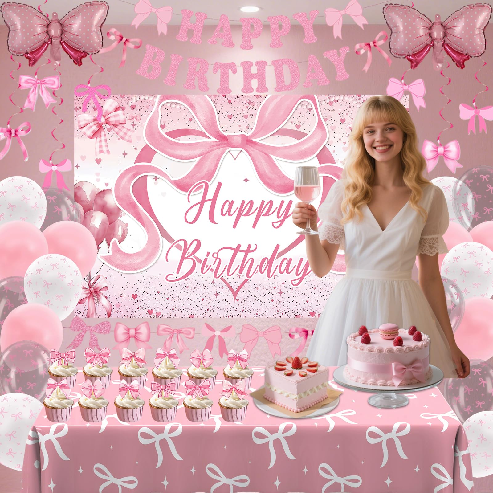 Zyikoch Pink Bow Birthday Decorations – Coquette Party Kit with Banner, Balloons & Tablecloth