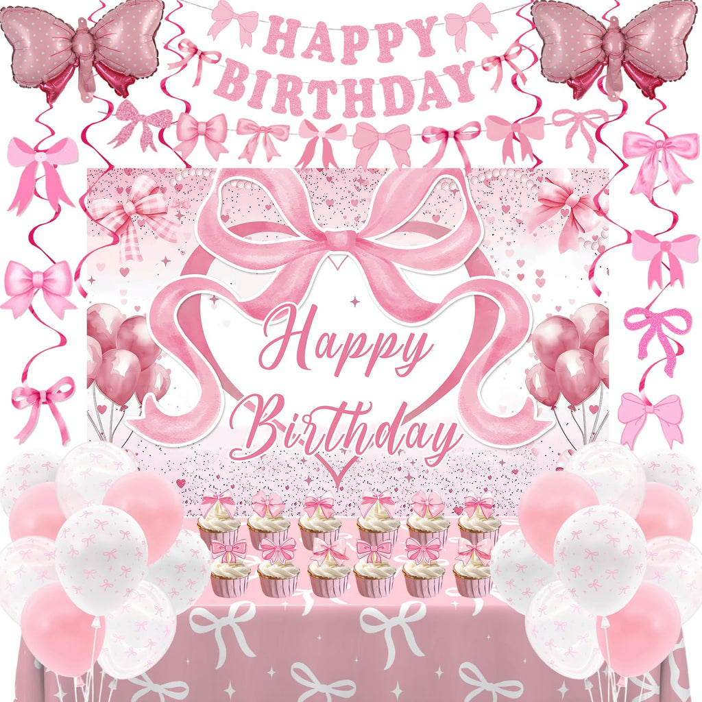 Zyikoch Pink Bow Birthday Decorations – Coquette Party Kit with Banner, Balloons & Tablecloth