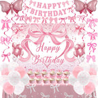 Zyikoch Pink Bow Birthday Decorations – Coquette Party Kit with Banner, Balloons & Tablecloth