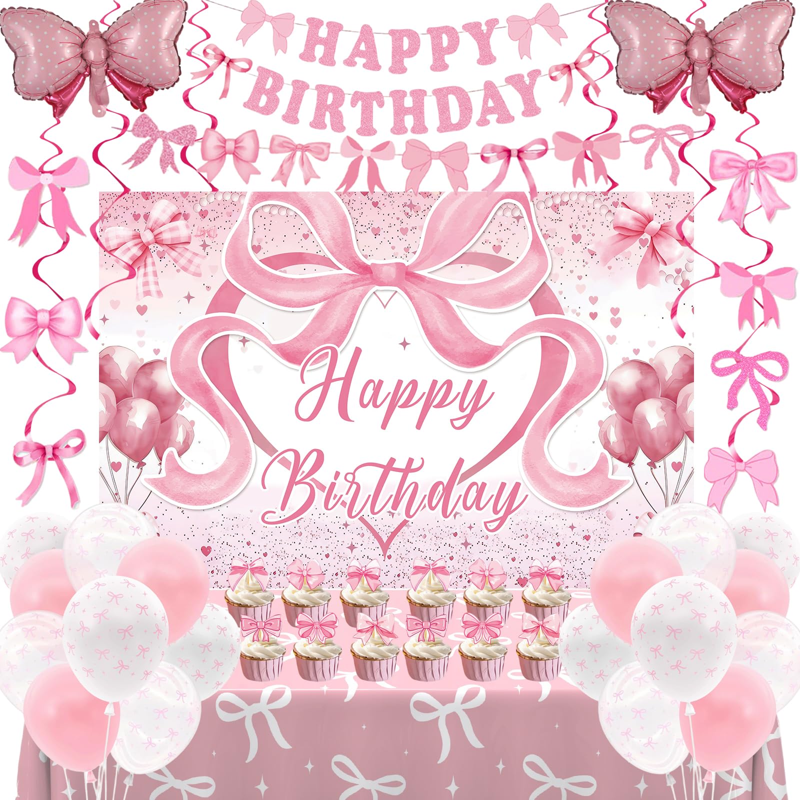 Zyikoch Pink Bow Birthday Decorations – Coquette Party Kit with Banner, Balloons & Tablecloth