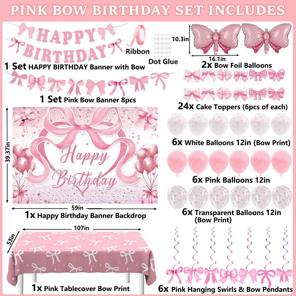 Zyikoch Pink Bow Birthday Decorations – Coquette Party Kit with Banner, Balloons & Tablecloth