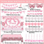 Zyikoch Pink Bow Birthday Decorations – Coquette Party Kit with Banner, Balloons & Tablecloth