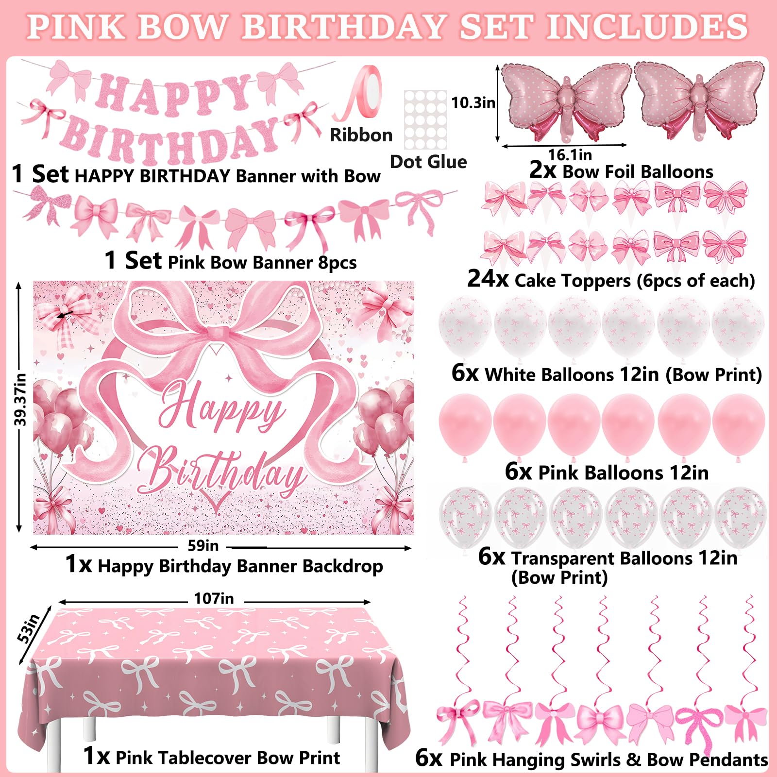 Zyikoch Pink Bow Birthday Decorations – Coquette Party Kit with Banner, Balloons & Tablecloth