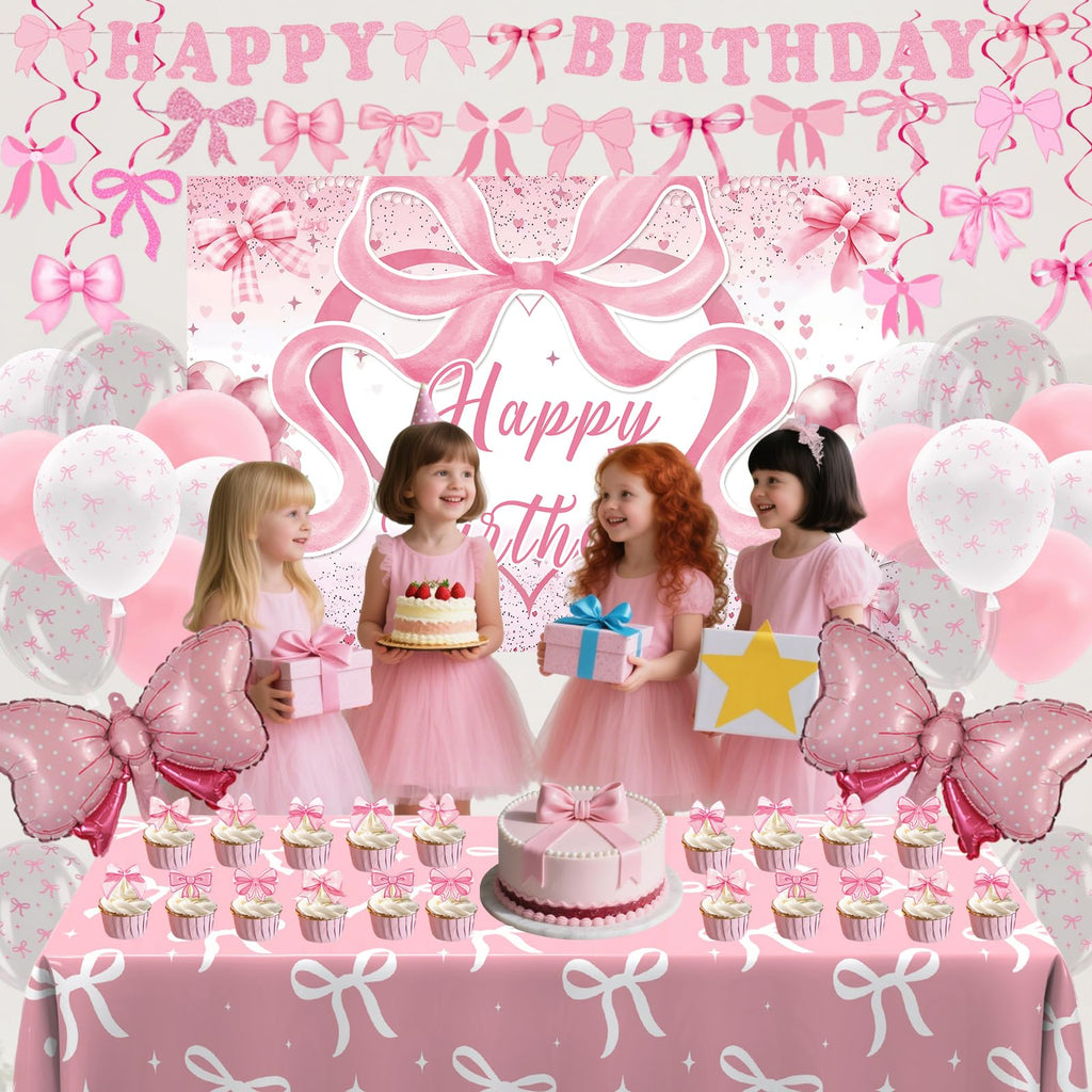 Zyikoch Pink Bow Birthday Decorations – Coquette Party Kit with Banner, Balloons & Tablecloth