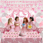 Zyikoch Pink Bow Birthday Decorations – Coquette Party Kit with Banner, Balloons & Tablecloth