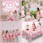 Zyikoch Pink Bow Birthday Decorations – Coquette Party Kit with Banner, Balloons & Tablecloth
