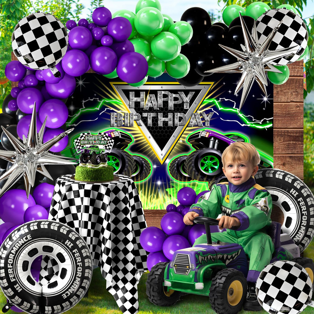 Zylarithon Monster Truck Birthday Decorations – Balloon Arch Kit, Backdrop & Centerpieces