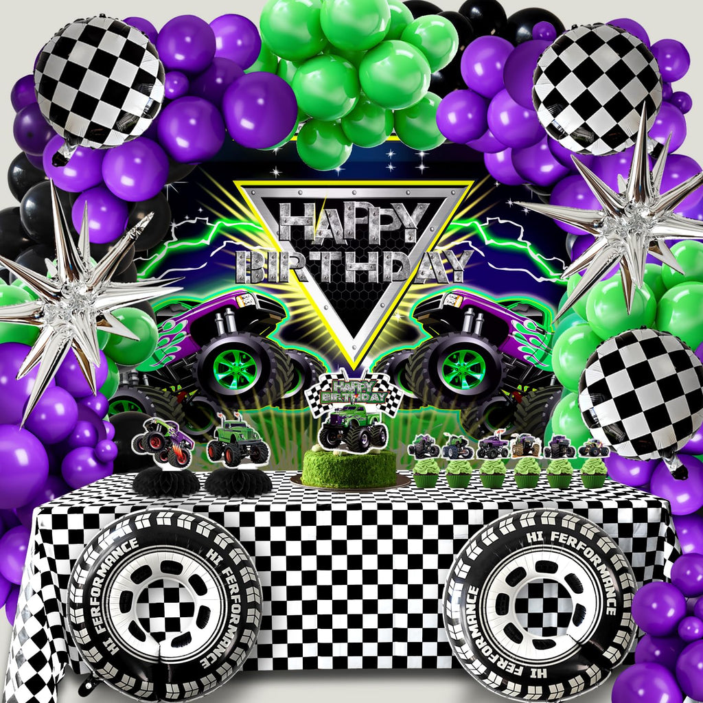 Zylarithon Monster Truck Birthday Decorations – Balloon Arch Kit, Backdrop & Centerpieces